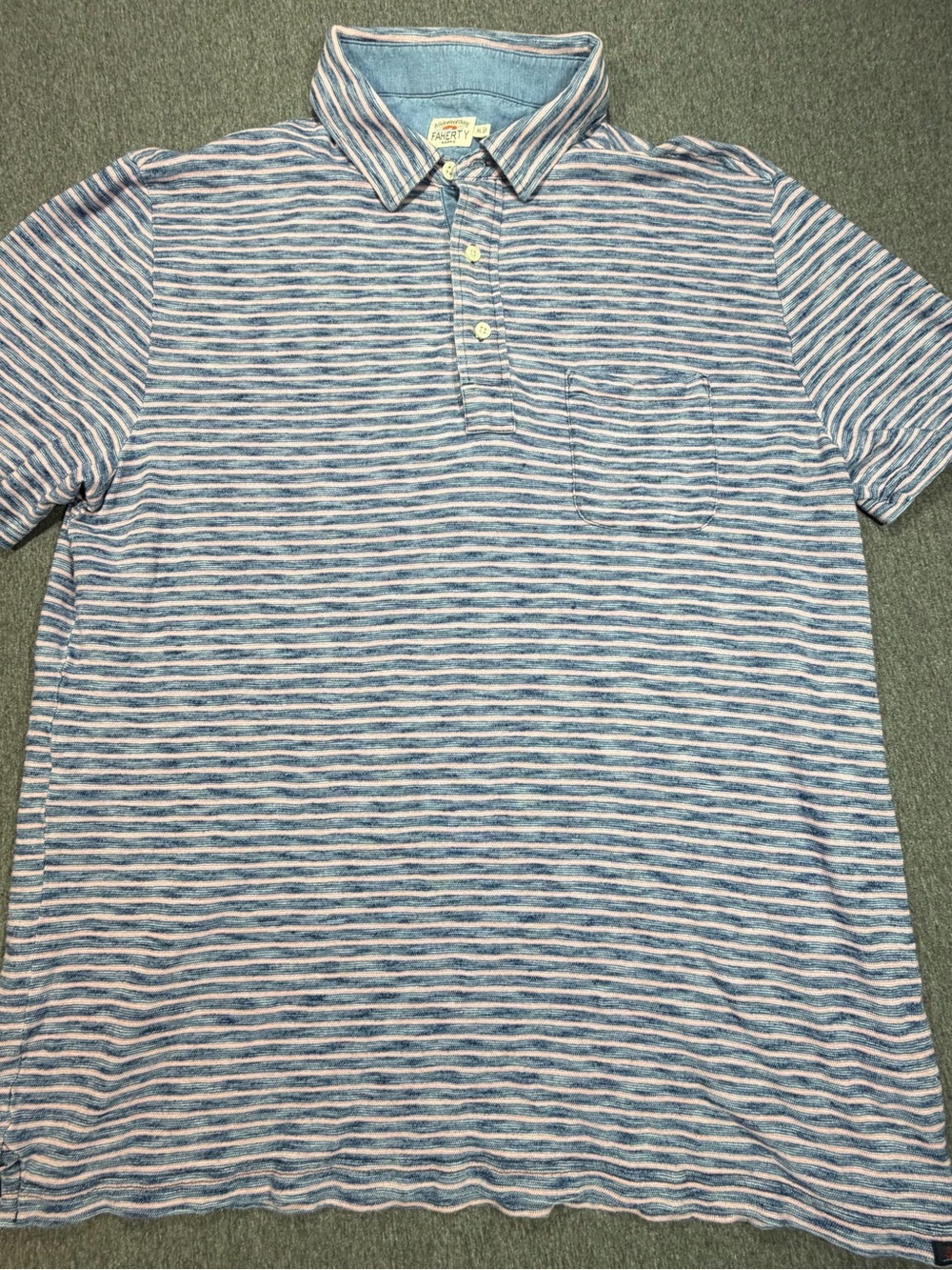 Faherty Short Sleeve Striped Mens XL Polo Golf Shirt Blue with Pink Stripes